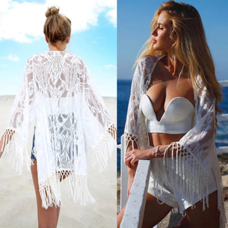 Summer Sexy Lace Crochet Beach Dress Women White See through Swimwear Swimsuit Cover up Mini Dresses