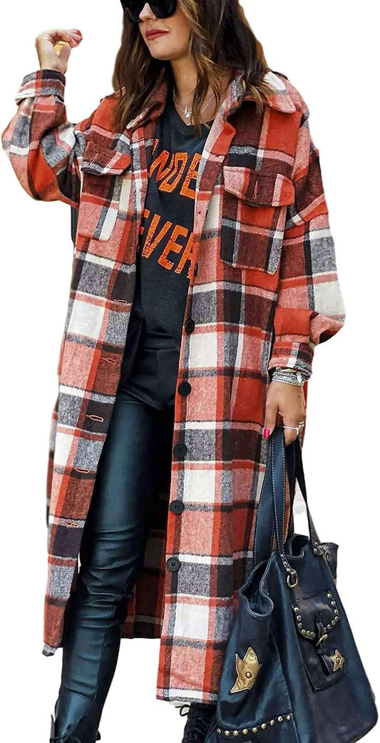 Women'S Lounge Lapel Button up Long Sleeve Plaid Long Shirt Jacket Shacket